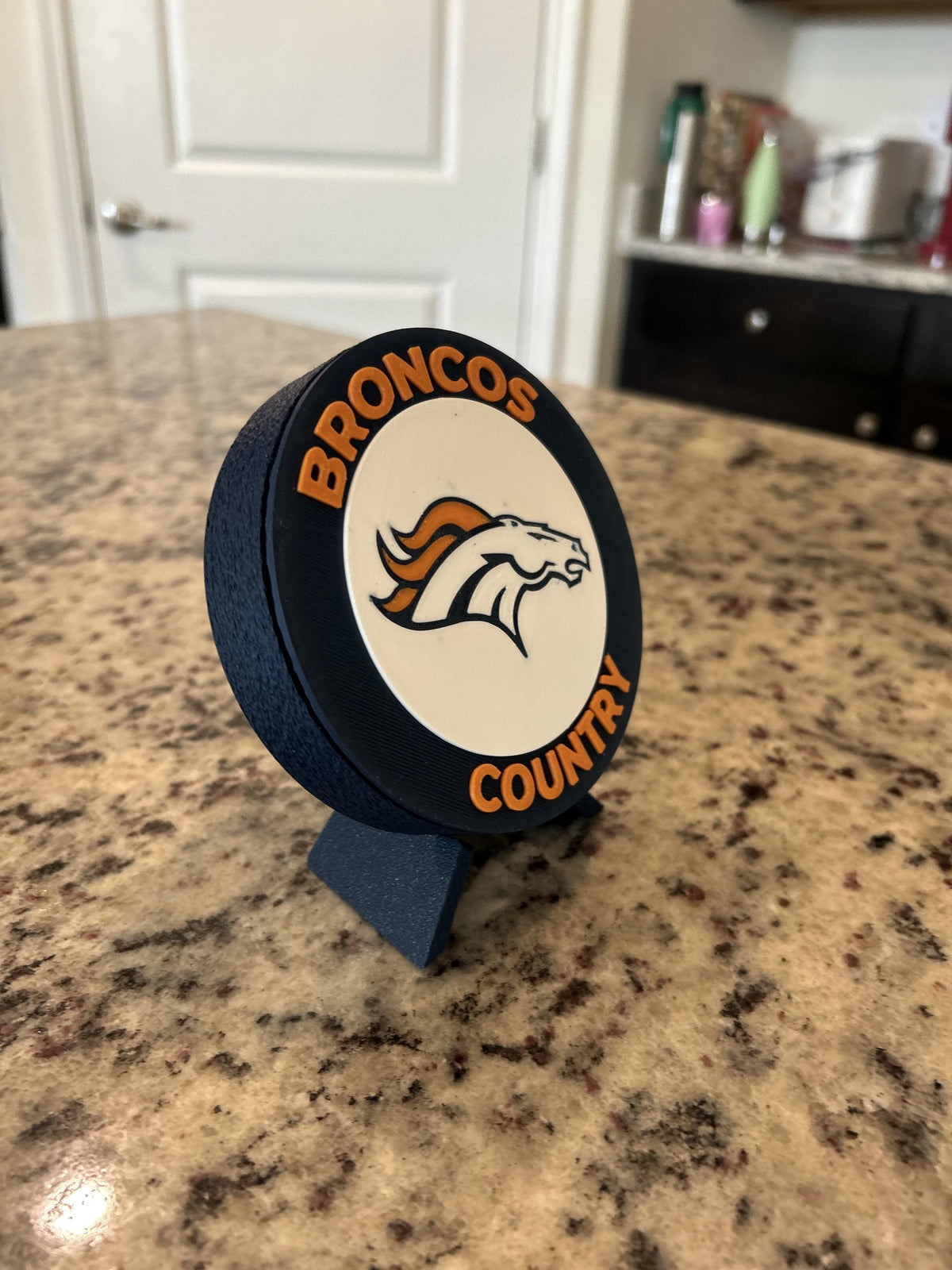 Denver Broncos 3D printed round display medallion with stand and hidden stash boxBroncos Country NFL fan gift, made in USA