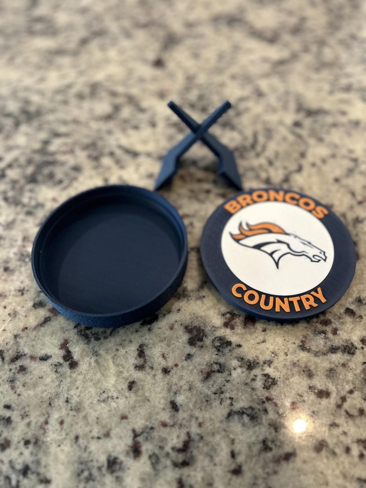 Denver Broncos 3D printed round display medallion with stand and hidden stash boxBroncos Country NFL fan gift, made in USA