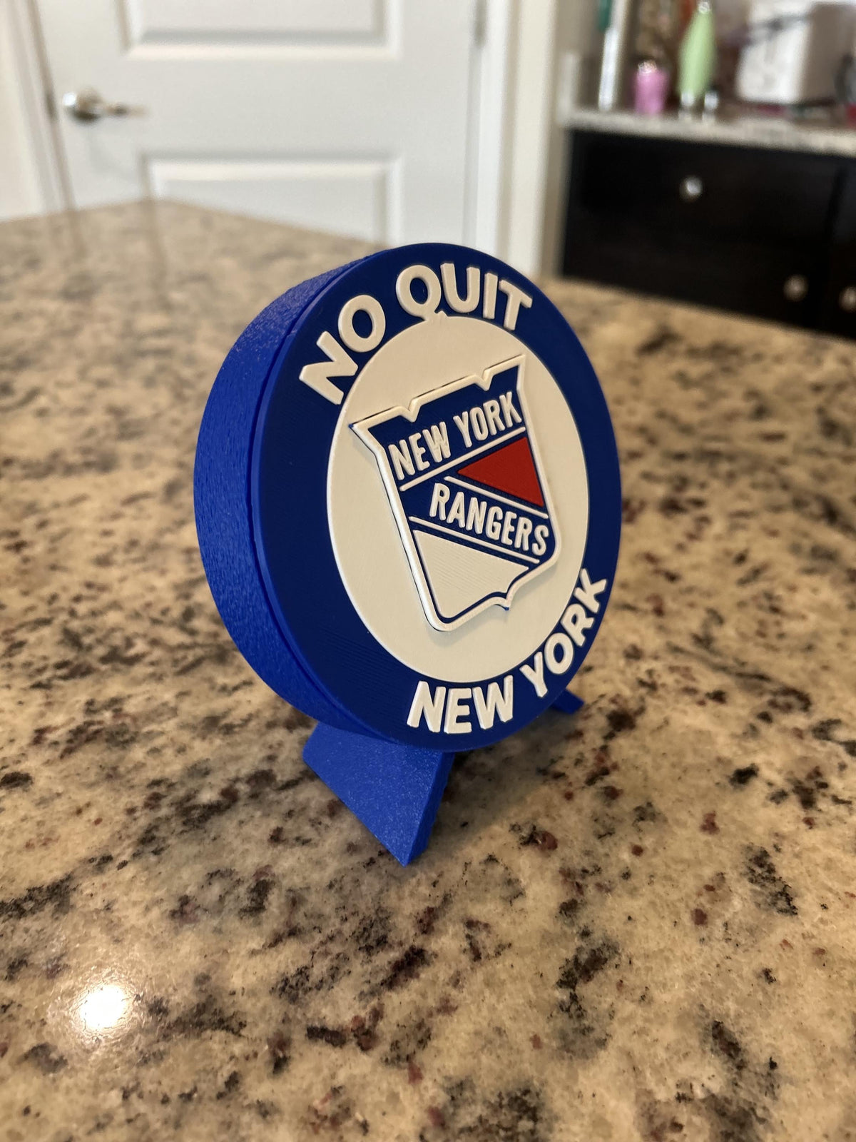 New York Rangers 3D printed round display medallion with stand and hidden stash boxRangers NHL hockey fan gift, made in USA