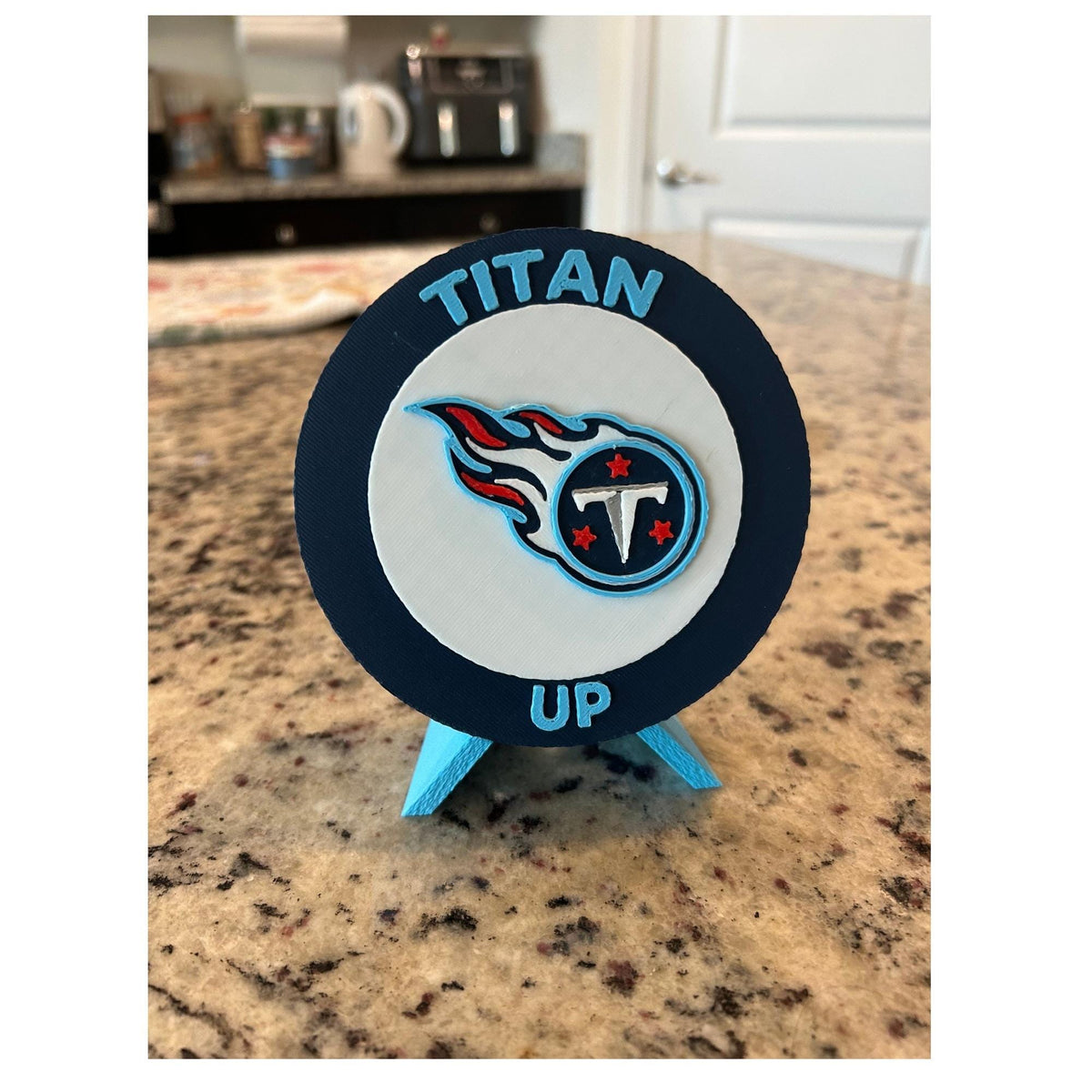 Tennessee Titans 3D printed round display medallion with stand and hidden stash box, Titan Up NFL fan gift, made in USA