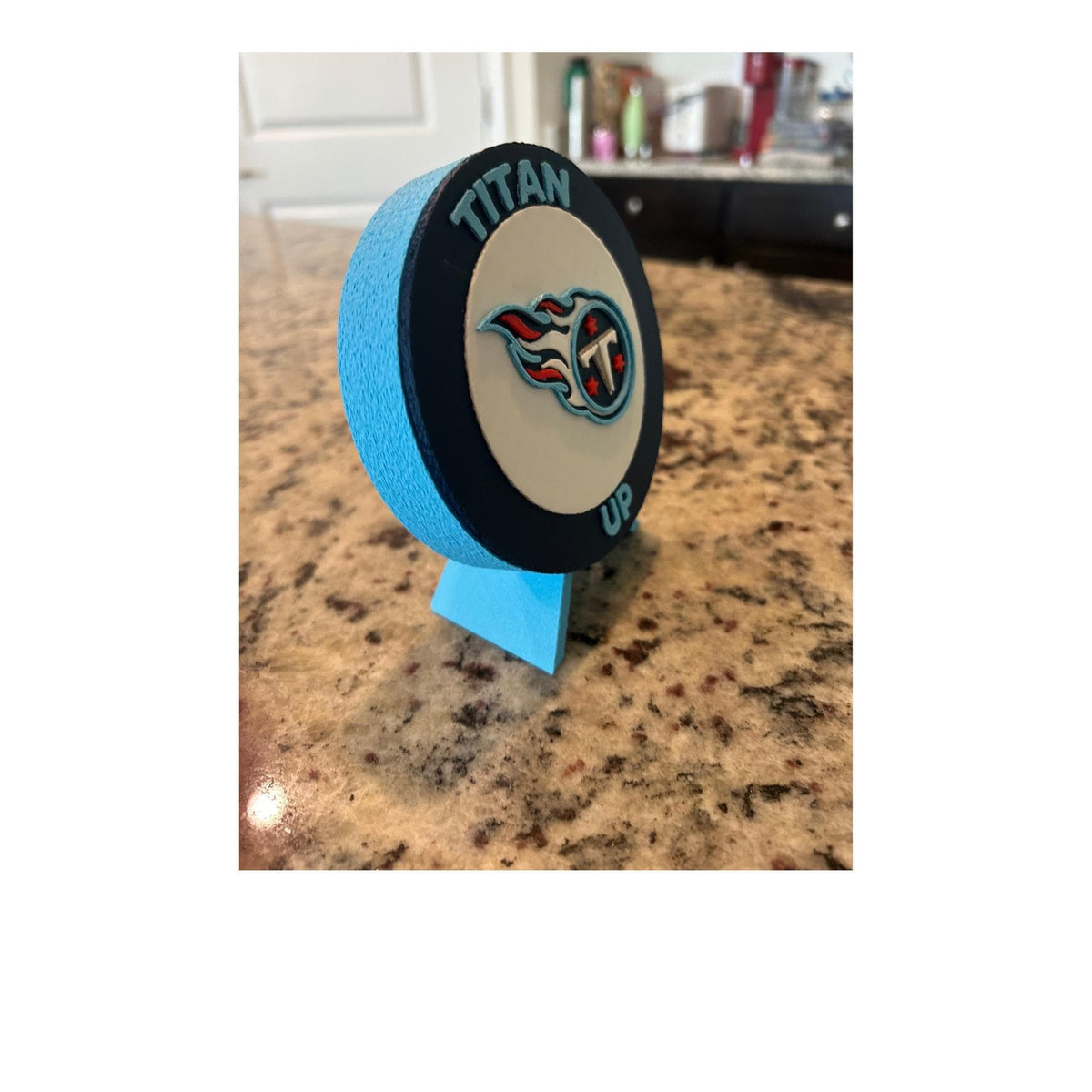 Tennessee Titans 3D printed round display medallion with stand and hidden stash box, Titan Up NFL fan gift, made in USA