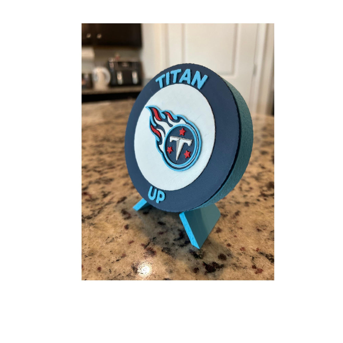 Tennessee Titans 3D printed round display medallion with stand and hidden stash box, Titan Up NFL fan gift, made in USA