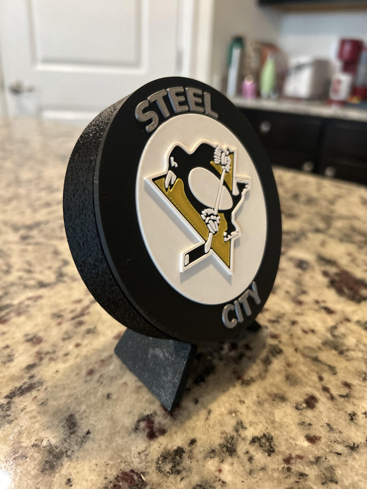 Pittsburgh Penguins 3D printed round display medallion with stand and hidden stash boxSteel City NHL hockey fan gift, made in USA
