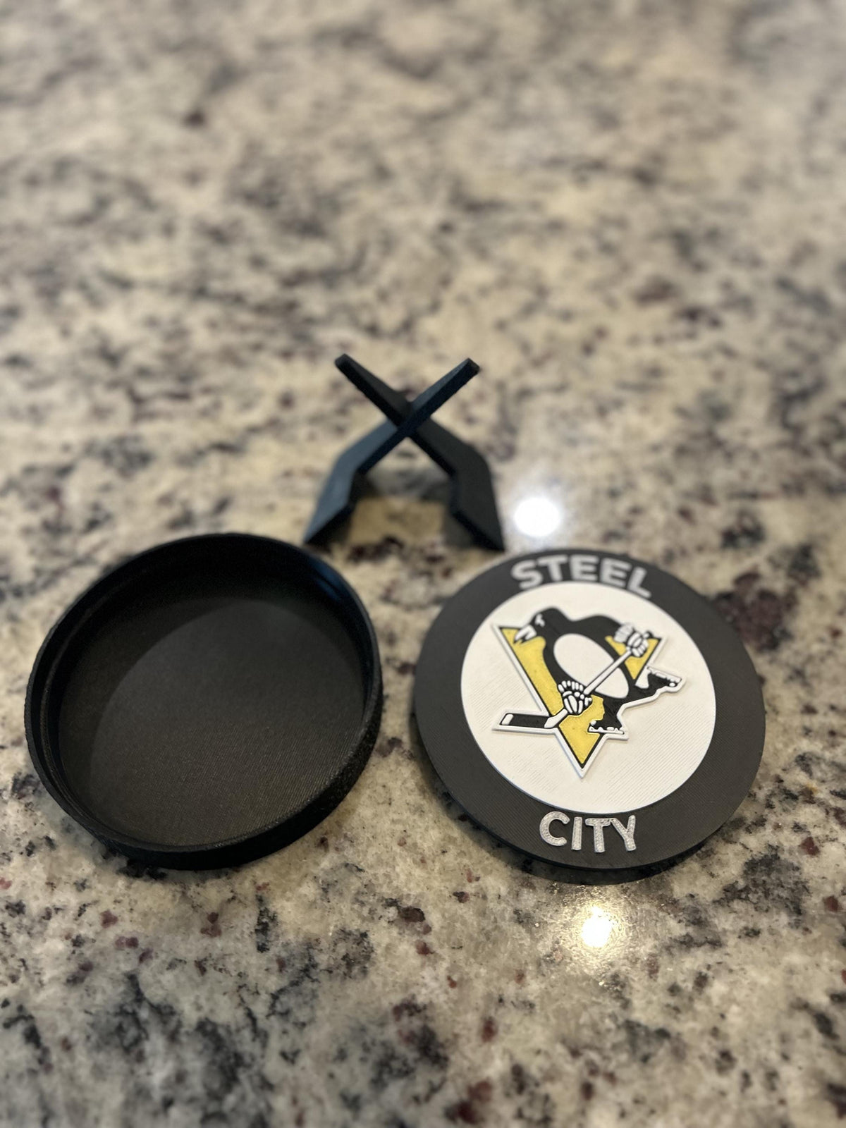 Pittsburgh Penguins 3D printed round display medallion with stand and hidden stash boxSteel City NHL hockey fan gift, made in USA