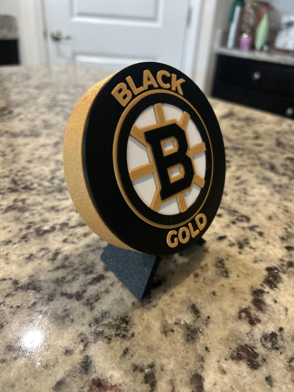 Boston Bruins 3D printed round display medallion with stand and hidden stash boxBlack and Gold NHL hockey fan gift, made in USA