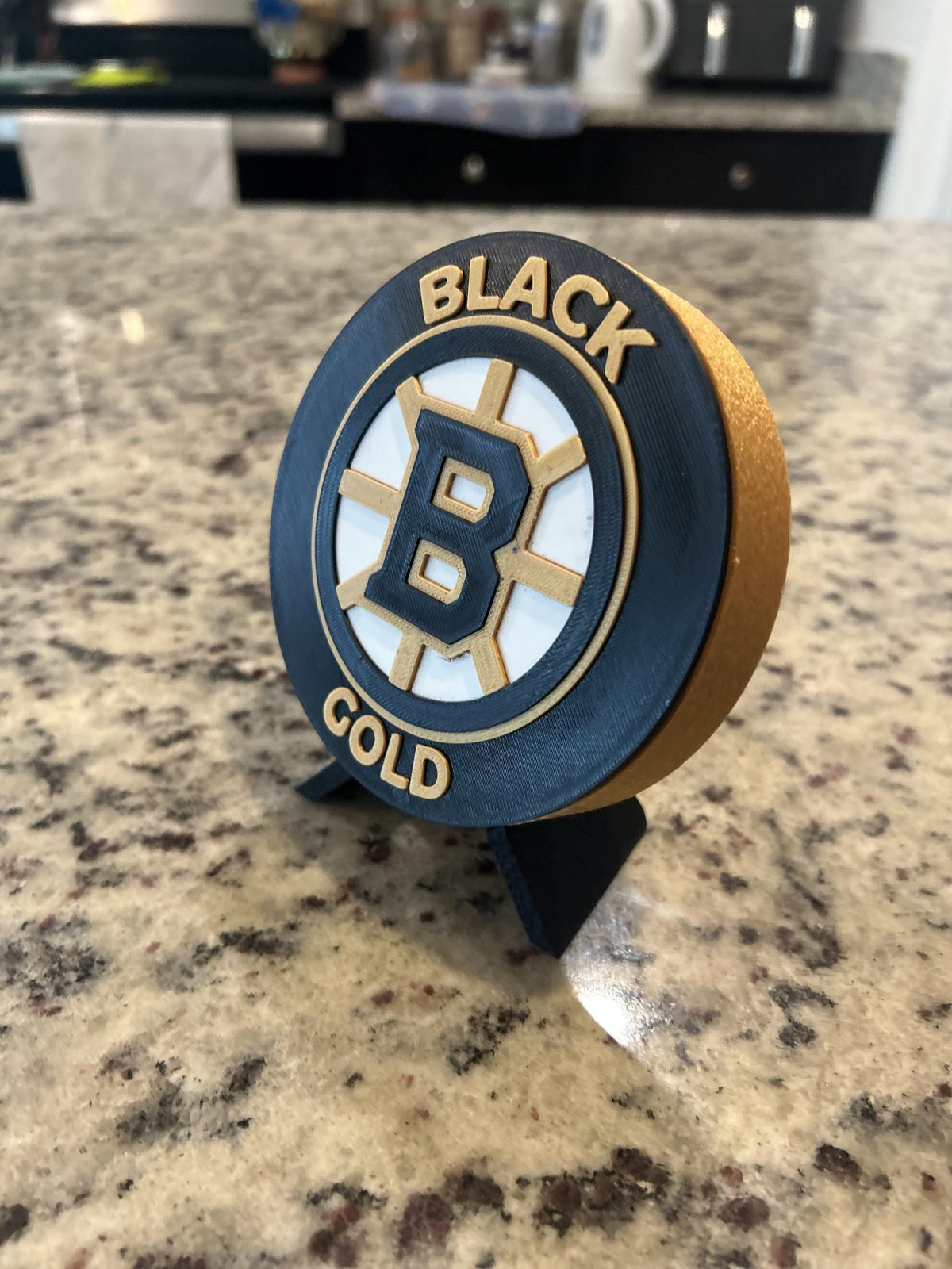 Boston Bruins 3D printed round display medallion with stand and hidden stash boxBlack and Gold NHL hockey fan gift, made in USA