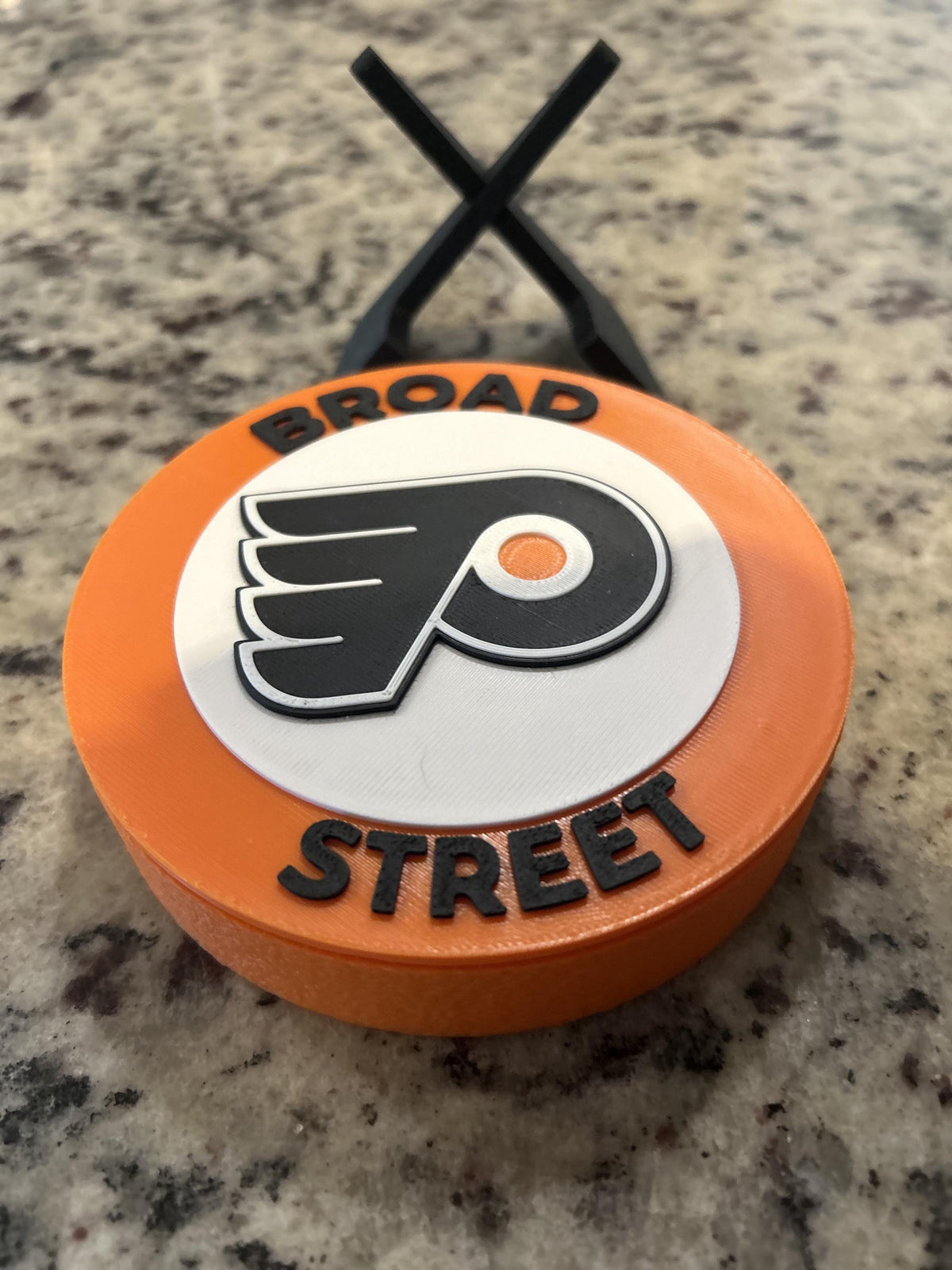 Philadelphia Flyers 3D printed round display medallion with stand and hidden stash boxBroad Street NHL hockey fan gift, made in USA