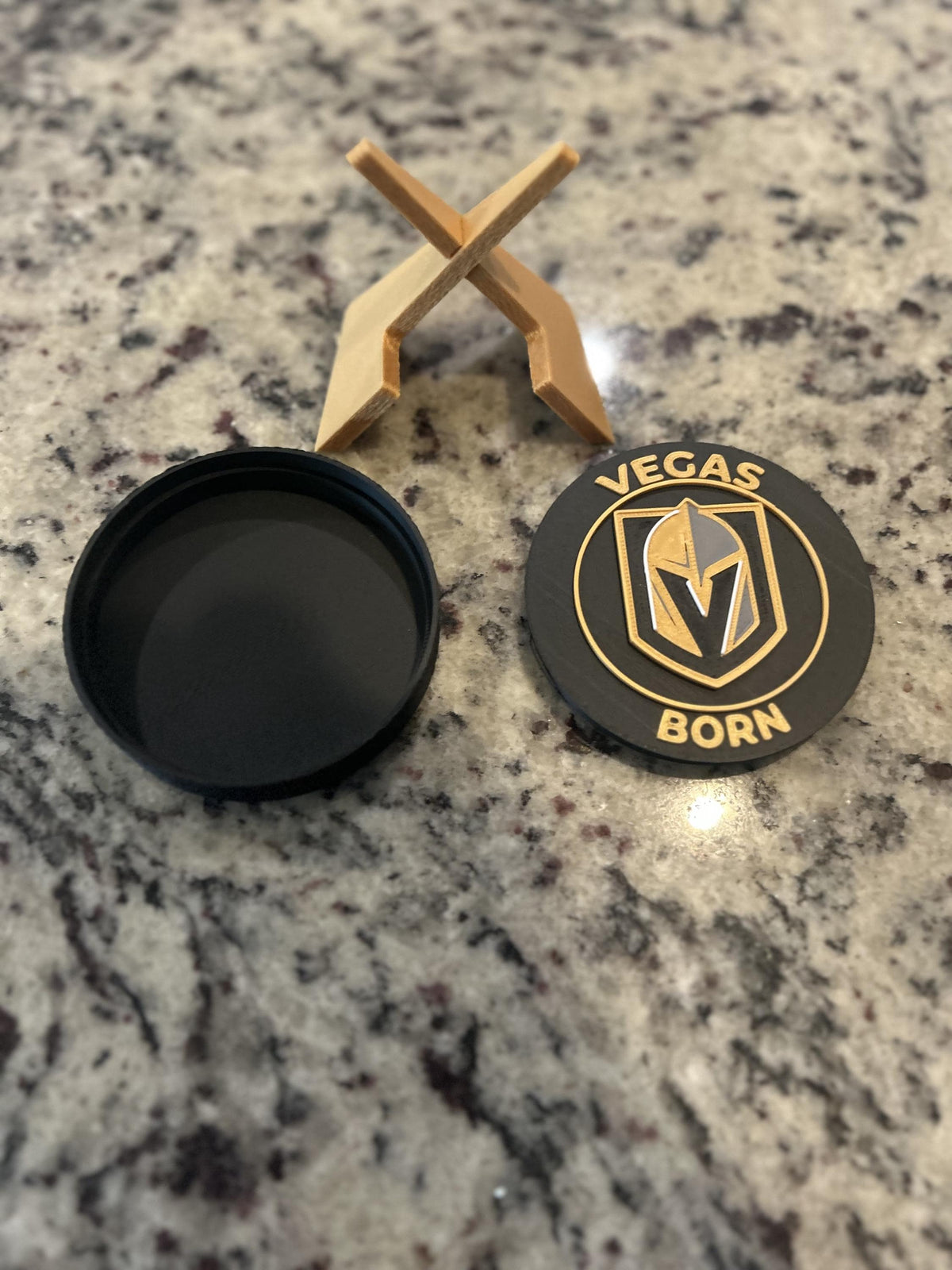 Vegas Golden Knights 3D printed round display medallion with stand and hidden stash boxfan gift, made in USA