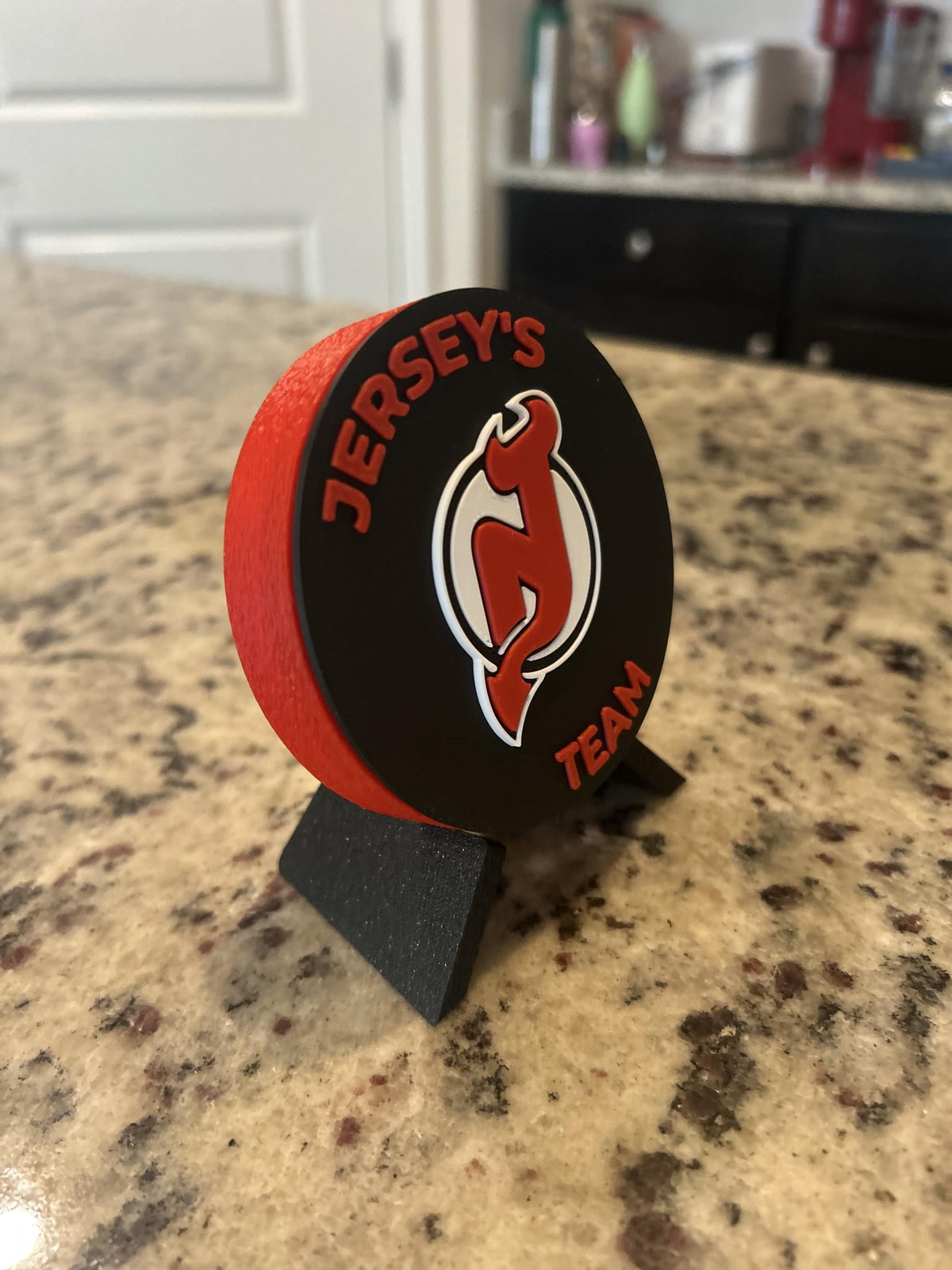 New Jersey Devils 3D printed round display medallion with stand and hidden stash boxfan gift, made in USA