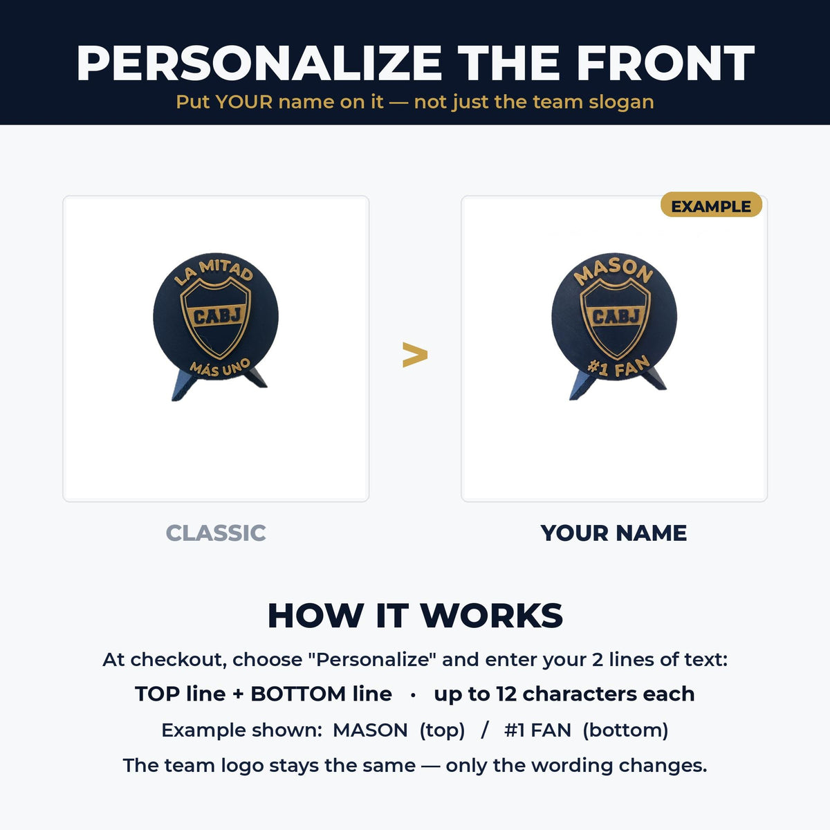 How to personalize the Boca Juniors medallion: put your name on top and #1 Fan on the bottom, custom 3D printed