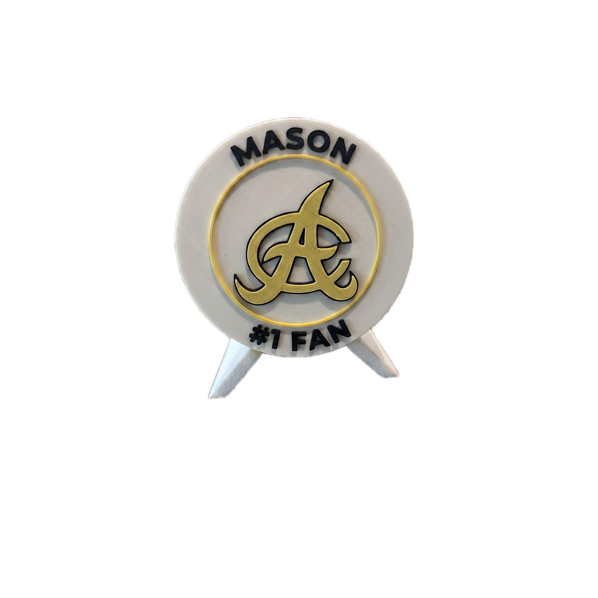 Personalized Aguilas Cibaenas medallion example with the name MASON on top and #1 FAN on the bottom, 3D printed to order