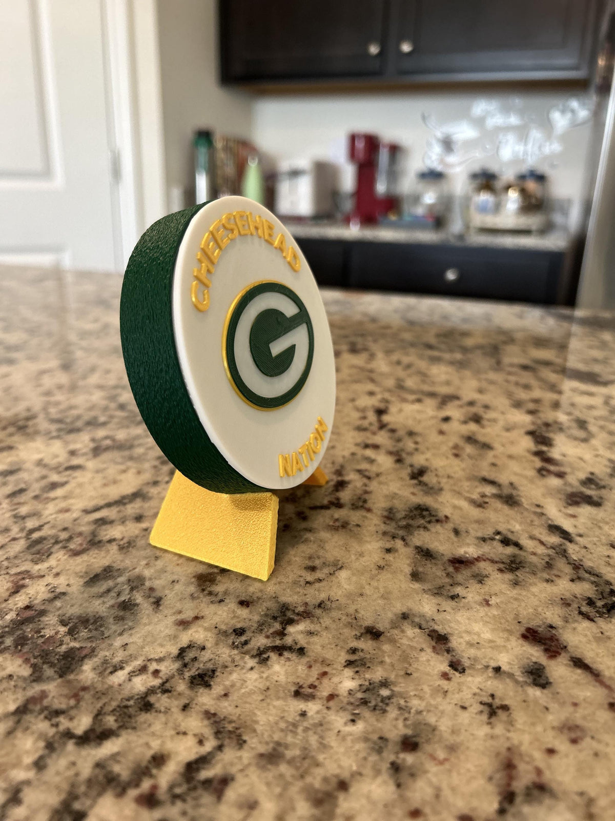 Green Bay Packers 3D printed display medallion with stand and stash box, choose base and stand color, personalize the front, made in USA
