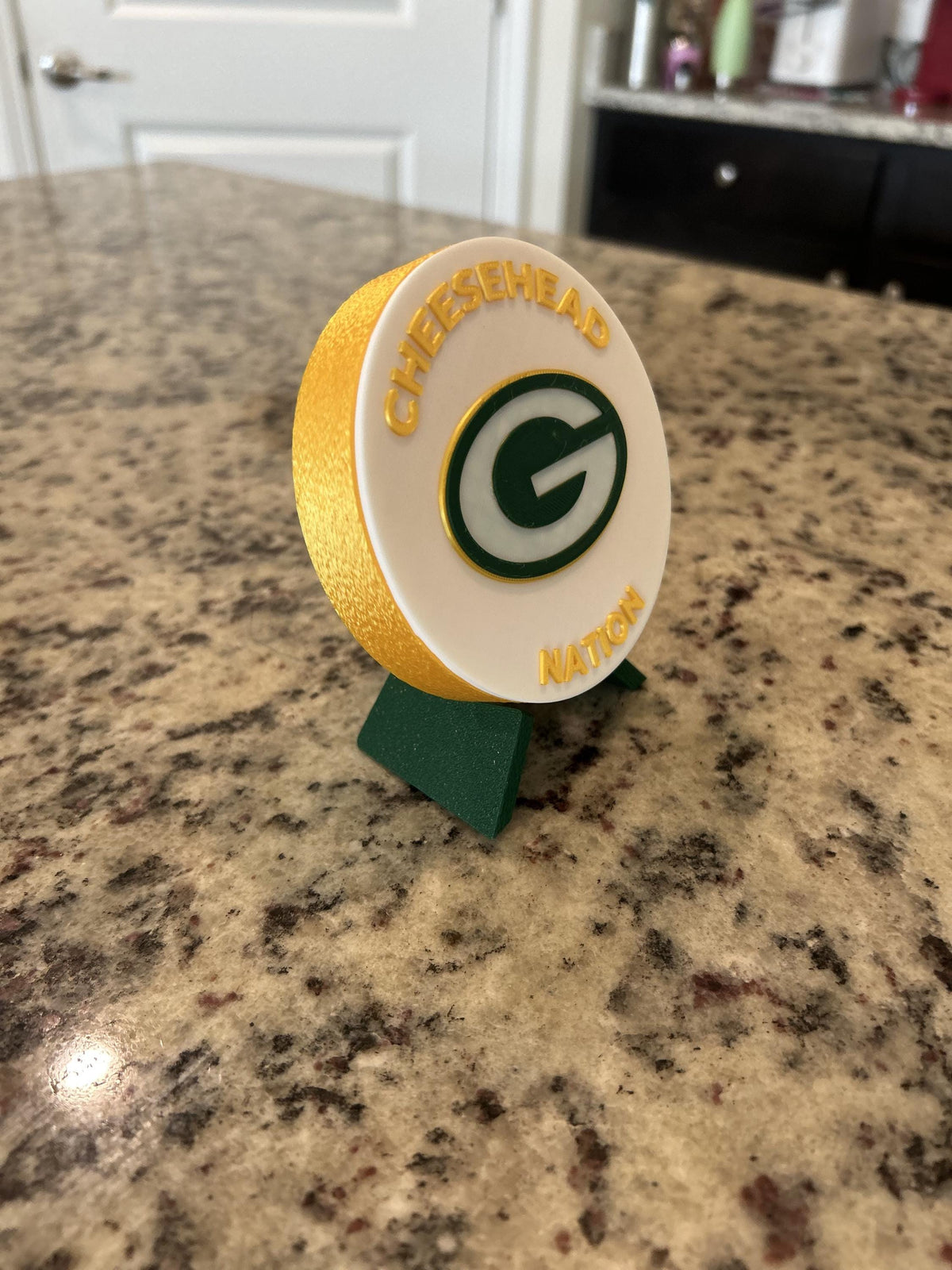 Green Bay Packers 3D printed display medallion with stand and stash box, choose base and stand color, personalize the front, made in USA