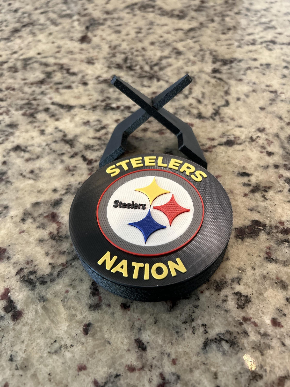 Pittsburgh Steelers 3D printed display medallion with stand and stash box, choose stand color, personalize the front, made in USA