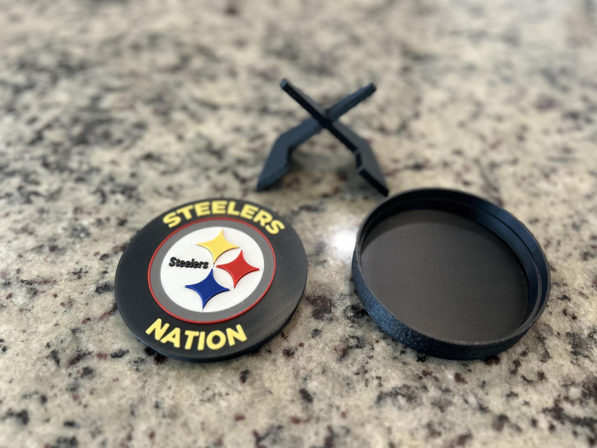 Pittsburgh Steelers 3D printed display medallion with stand and stash box, choose stand color, personalize the front, made in USA