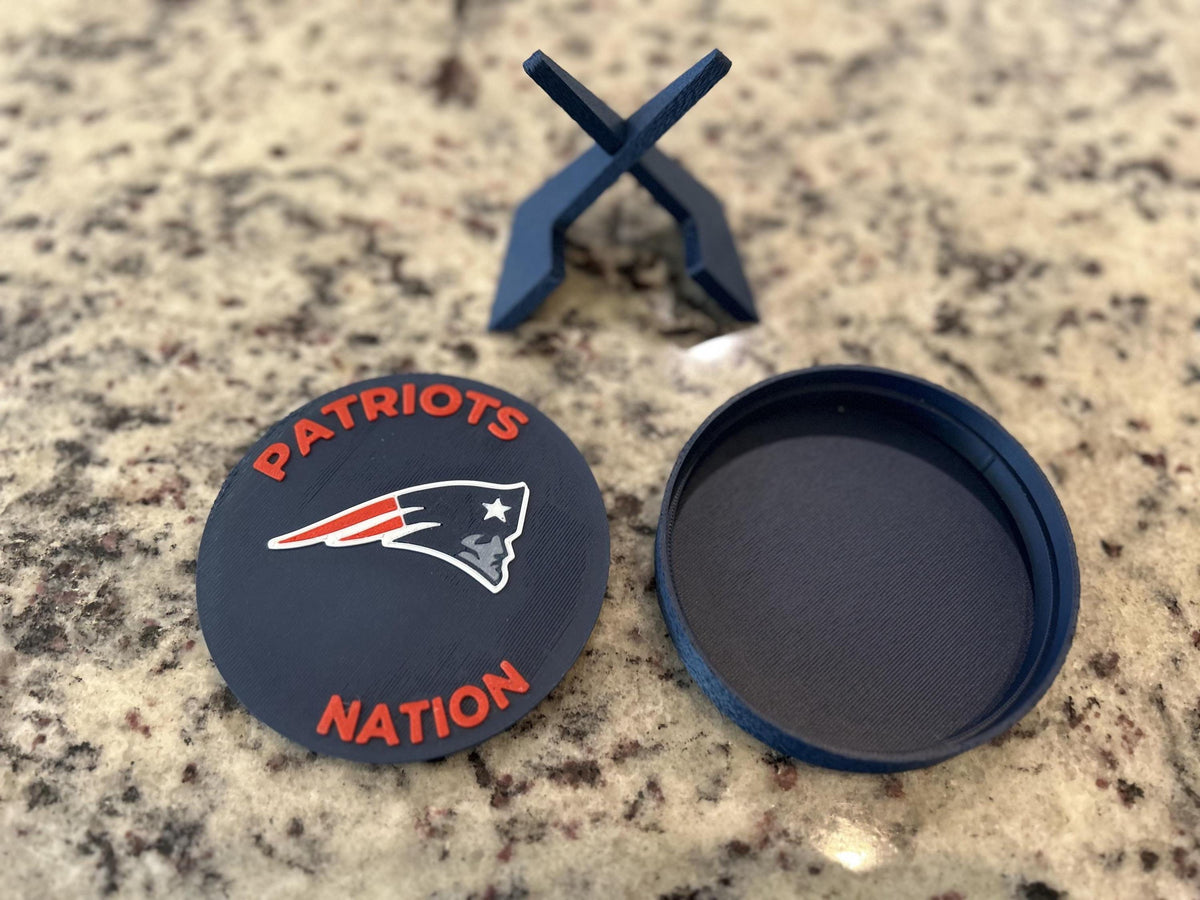 New England Patriots 3D printed display medallion with stand and hidden stash boxPatriots Nation fan gift, made in USA