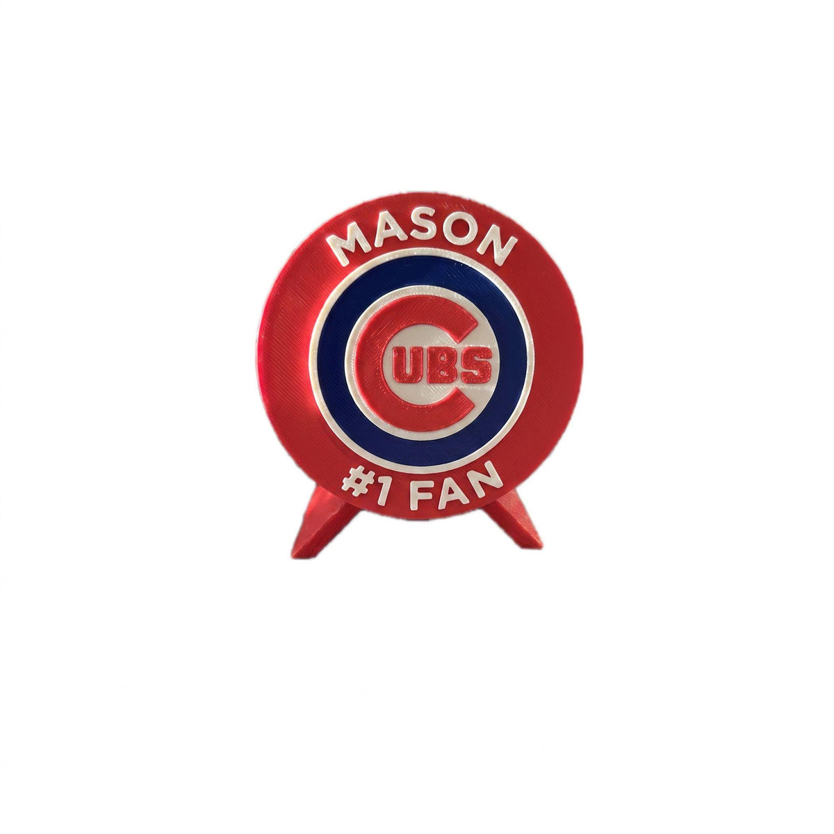 Personalized medallion example with the name MASON on top and #1 FAN on the bottom, 3D printed to order