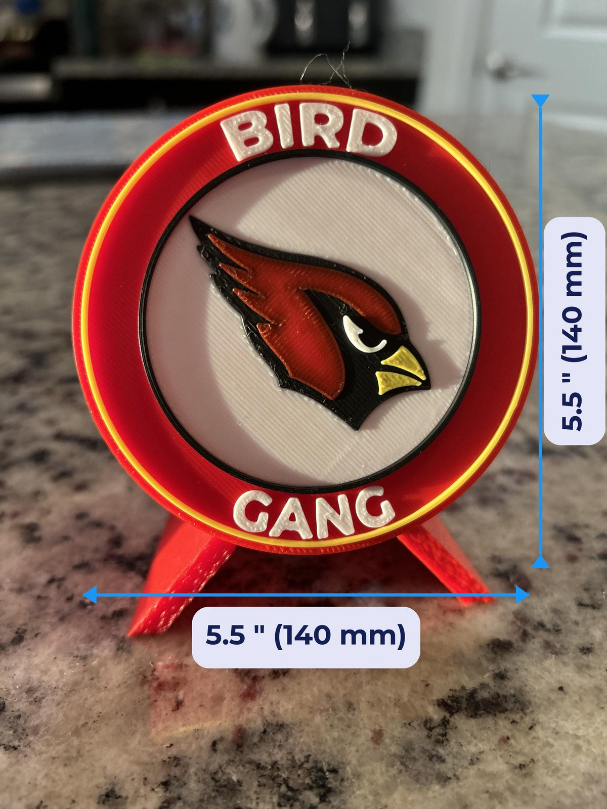 Size guide: cardinals round medallion is 5.5 inches (140 mm) across and about 1 inch (25 mm) deep on the display stand