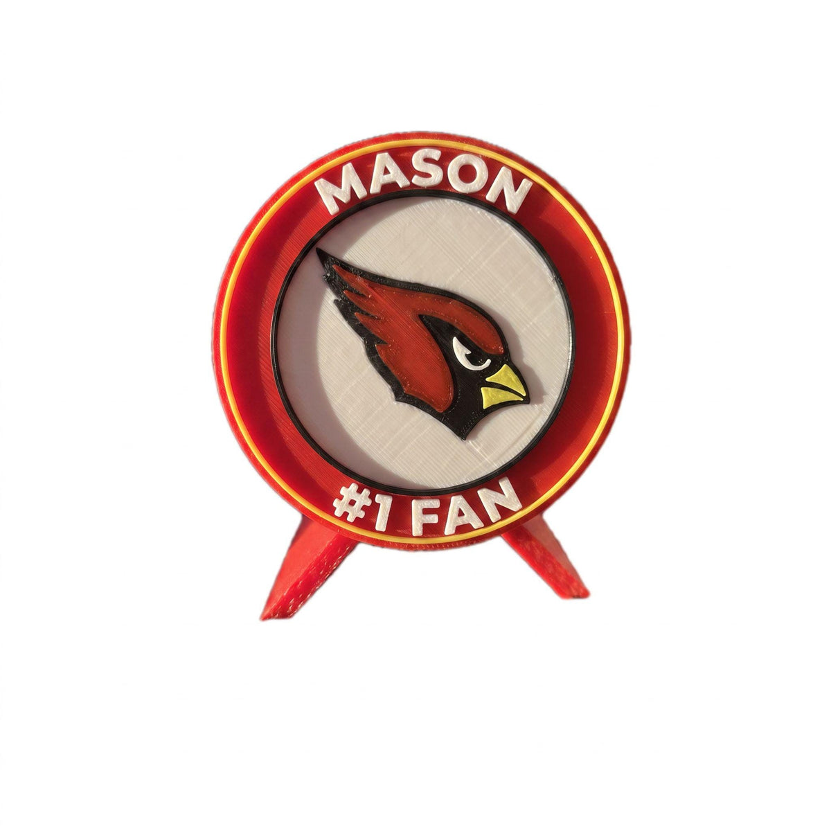 Personalized medallion example with the name MASON on top and #1 FAN on the bottom, 3D printed to order