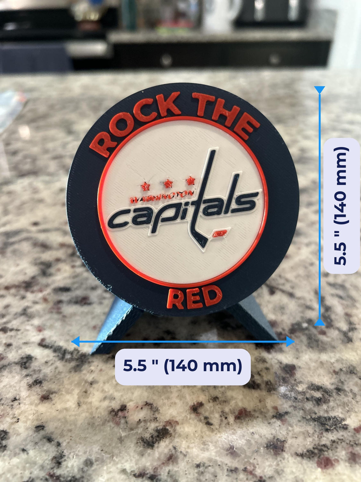 Size guide: capitals round medallion is 5.5 inches (140 mm) across and about 1 inch (25 mm) deep on the display stand