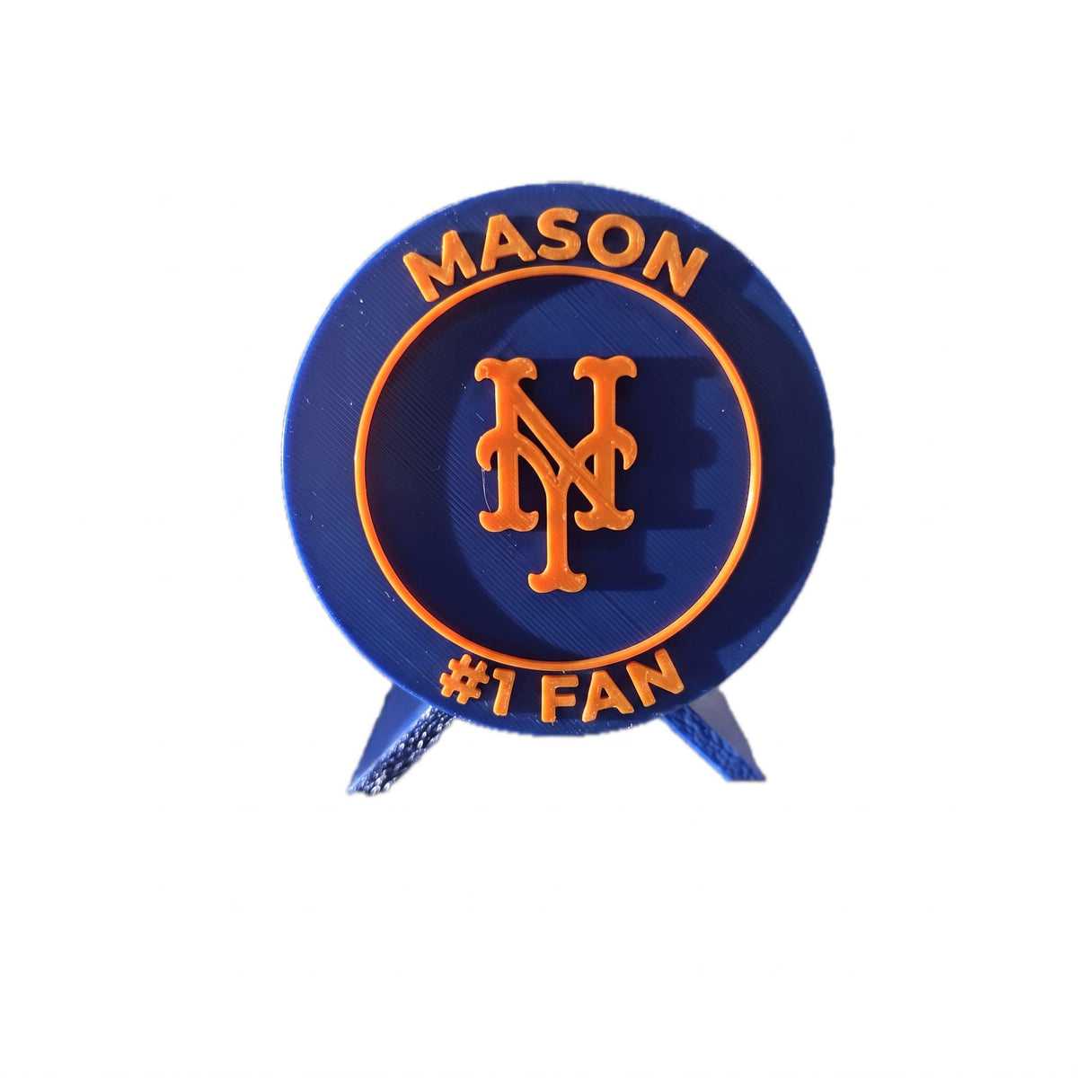 Personalized medallion example with the name MASON on top and #1 FAN on the bottom, 3D printed to order
