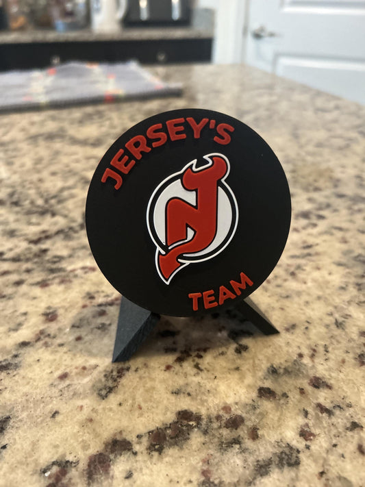 New Jersey Devils 3D printed round display medallion with stand and hidden stash boxfan gift, made in USA