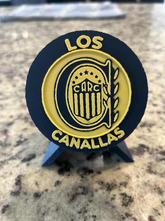 Rosario Central 3D printed round display medallion with stand and hidden stash boxLos Canallas soccer fan gift, made in USA