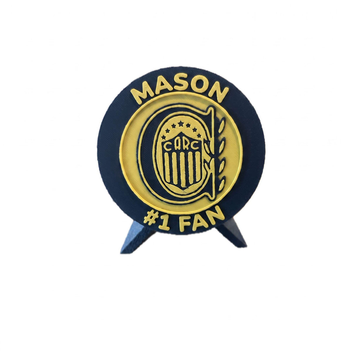 Personalized example with the name MASON on top and #1 FAN on the bottom, 3D printed to order