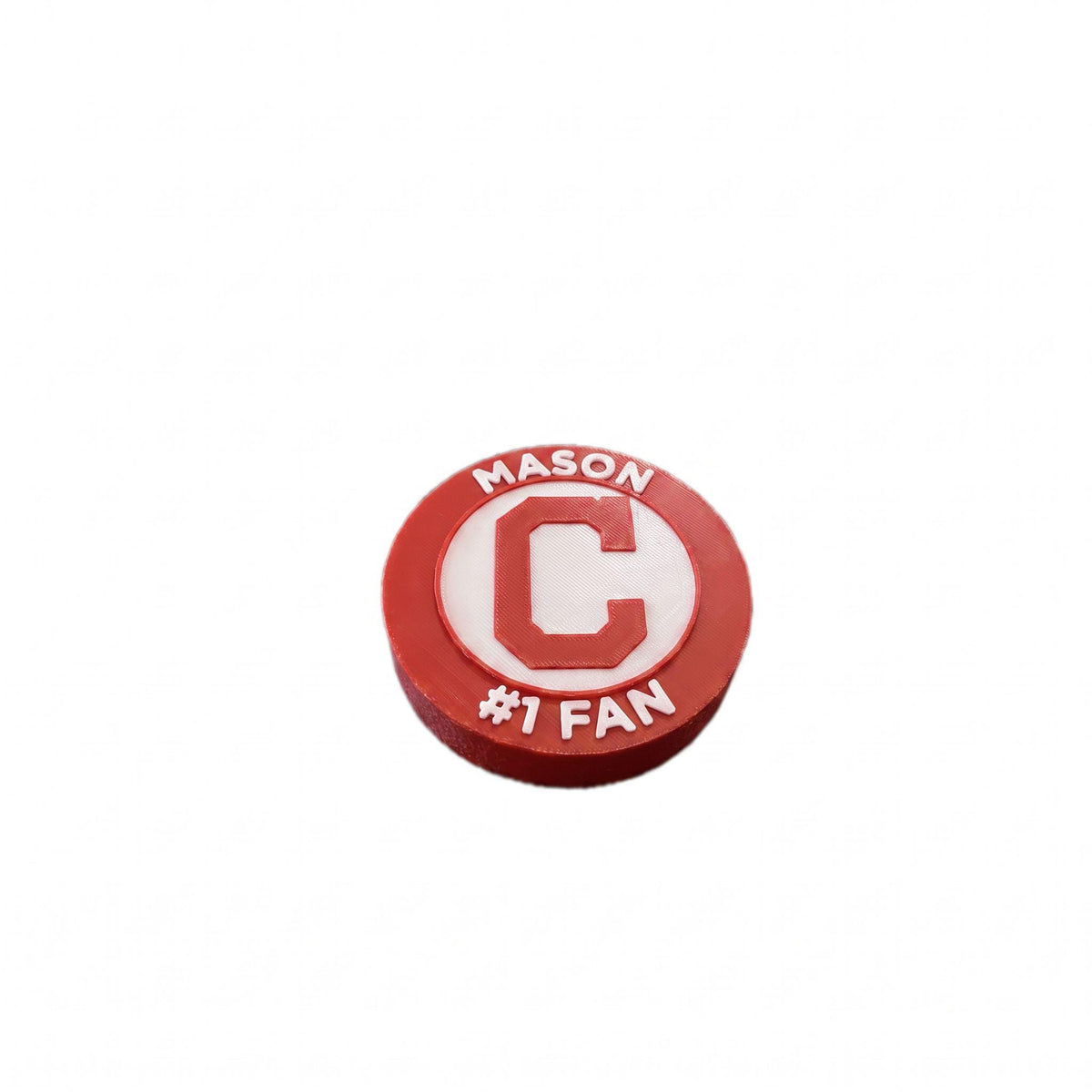 Personalized example with the name MASON on top and #1 FAN on the bottom, 3D printed to order