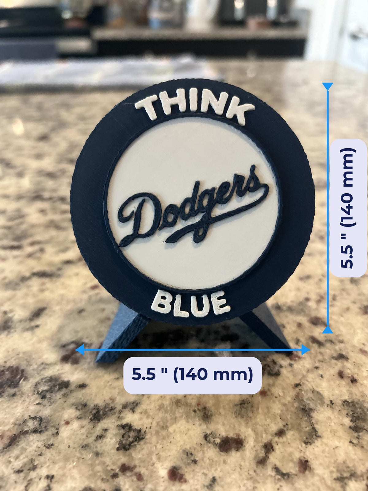 Size guide: dodgers round medallion is 5.5 inches (140 mm) across and about 1 inch (25 mm) deep on the stand