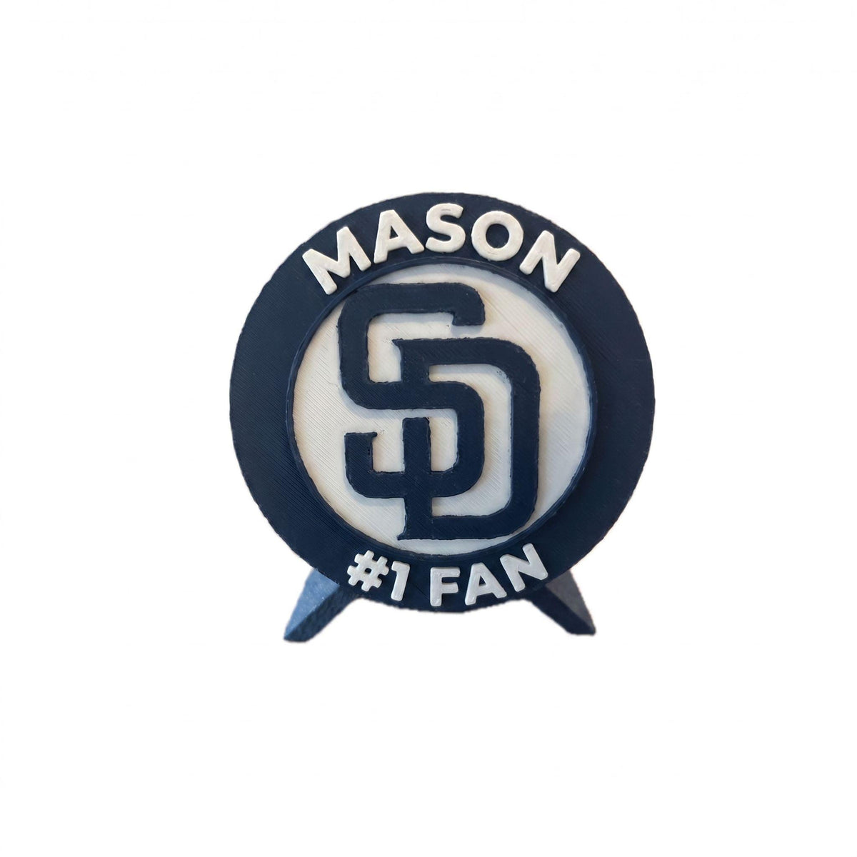 Personalized example with the name MASON on top and #1 FAN on the bottom, 3D printed to order