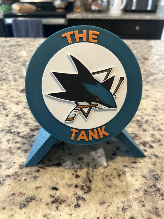 San Jose Sharks 3D printed round display medallion with stand and hidden stash boxThe Tank NHL hockey fan gift, made in USA