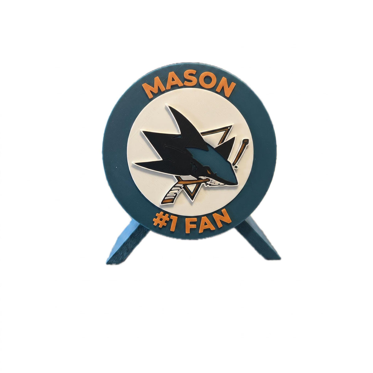 Personalized example with the name MASON on top and #1 FAN on the bottom, 3D printed to order