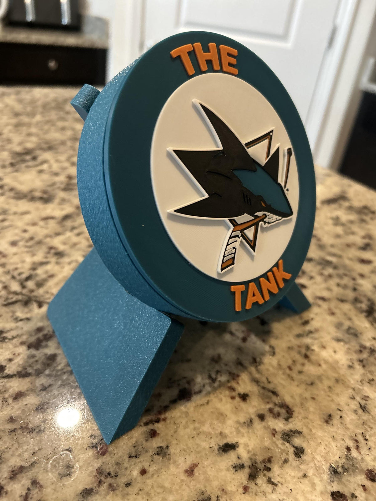 San Jose Sharks 3D printed round display medallion with stand and hidden stash boxThe Tank NHL hockey fan gift, made in USA