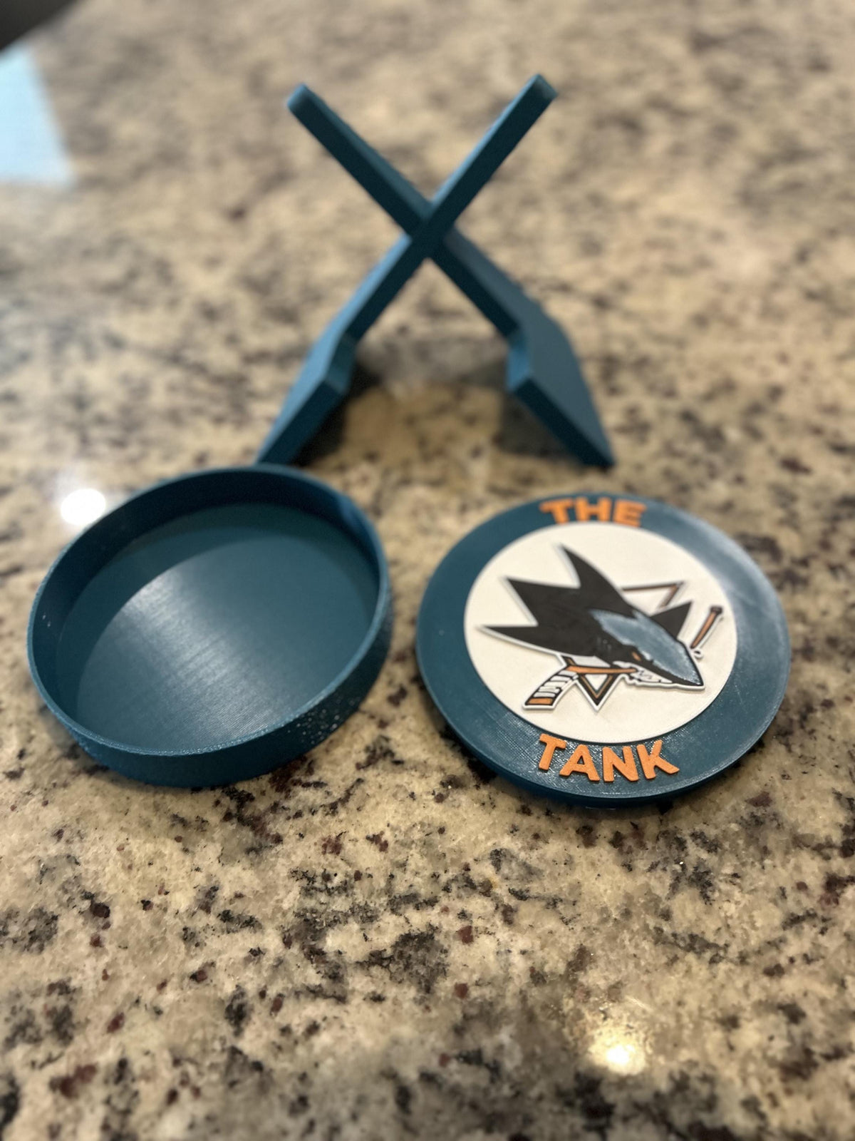 San Jose Sharks 3D printed round display medallion with stand and hidden stash boxThe Tank NHL hockey fan gift, made in USA