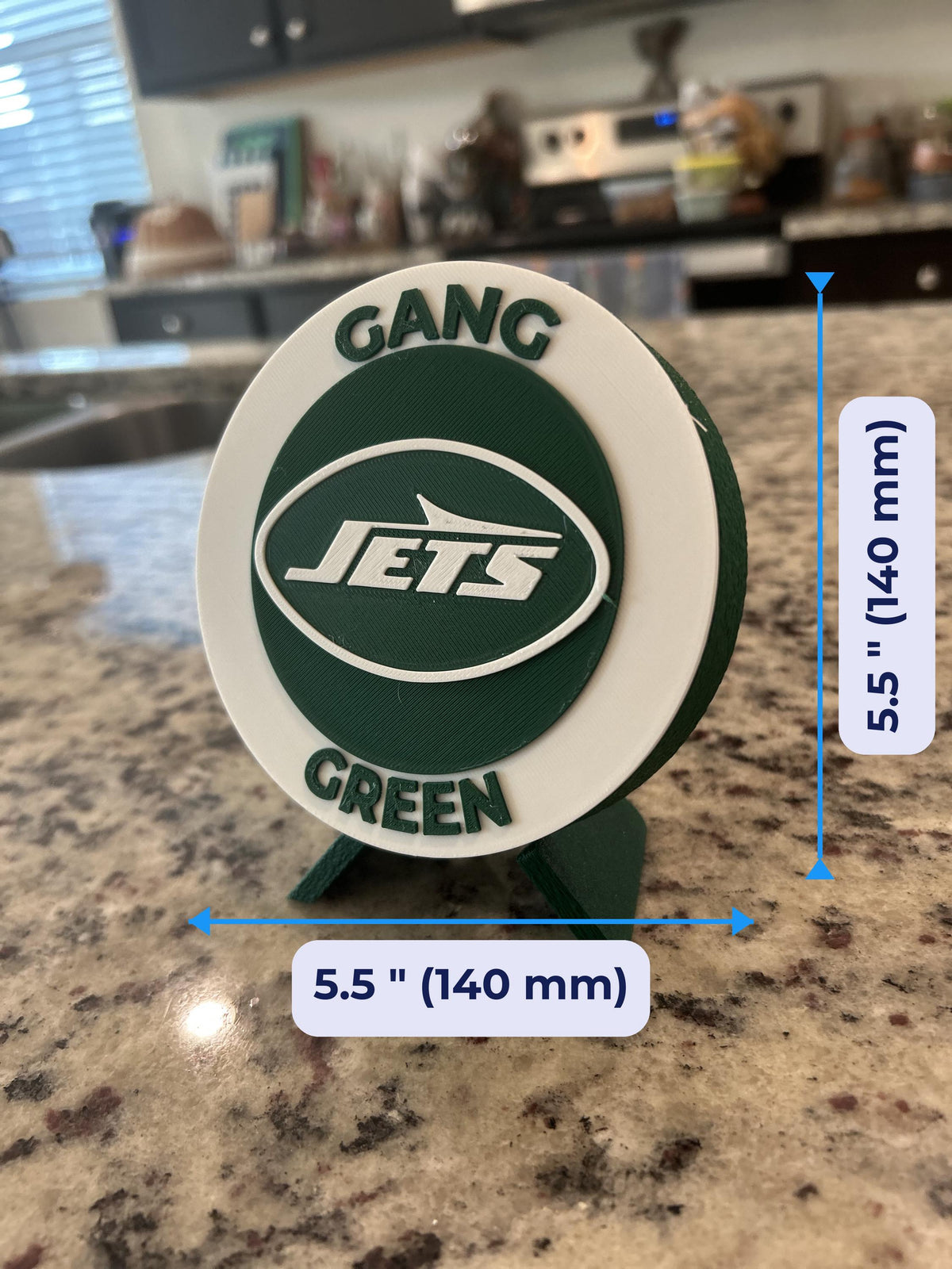 New York Jets 3D printed display size chart, 5.5 inch 140 mm diameter round medallion with stand
