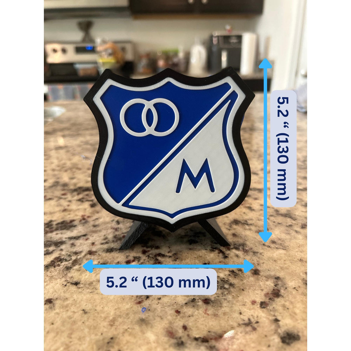 Millonarios FC 3D escudo display size chart, 5.2 inch 130 mm tall and wide shield