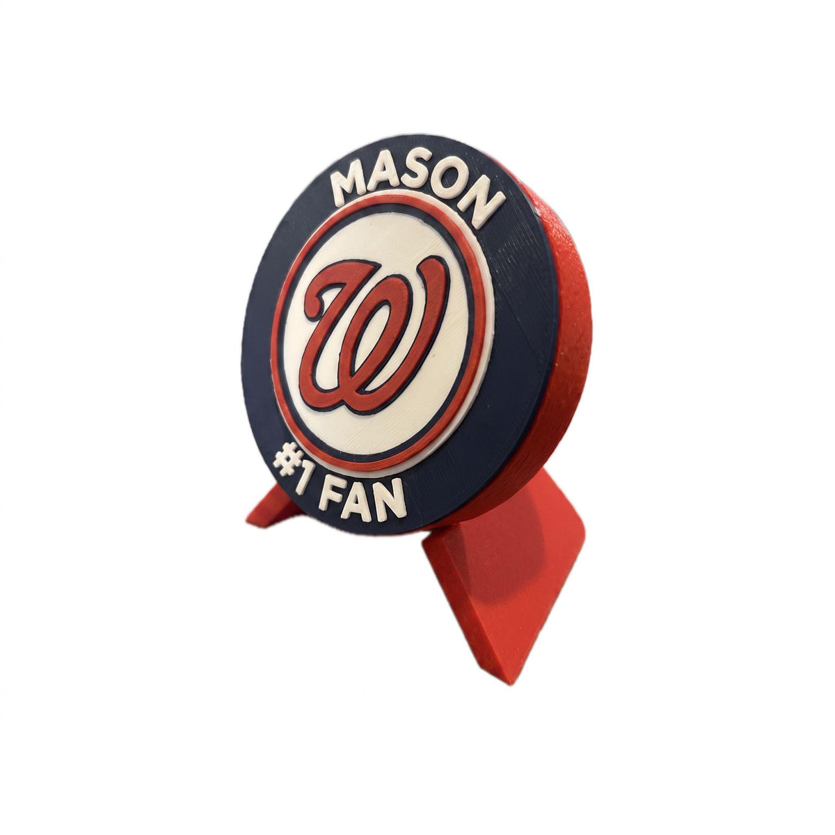 Personalized example with the name MASON on top and #1 FAN on the bottom, 3D printed to order