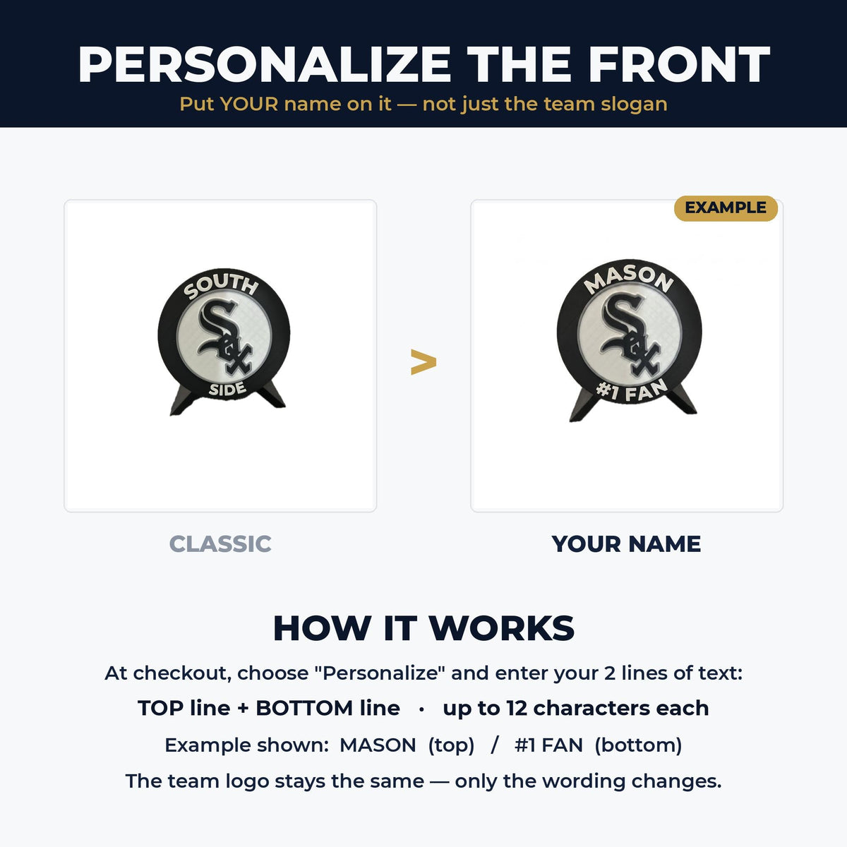 How to personalize: your name on top and #1 Fan on the bottom, custom 3D printed