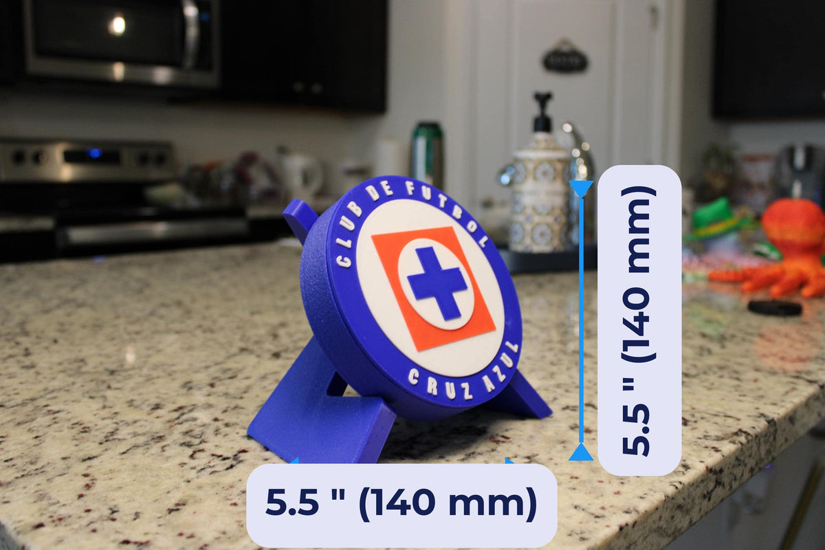 Cruz Azul 3D Printed Stora 3D printed display size chart, 5.5 inch 140 mm diameter round medallion with stand