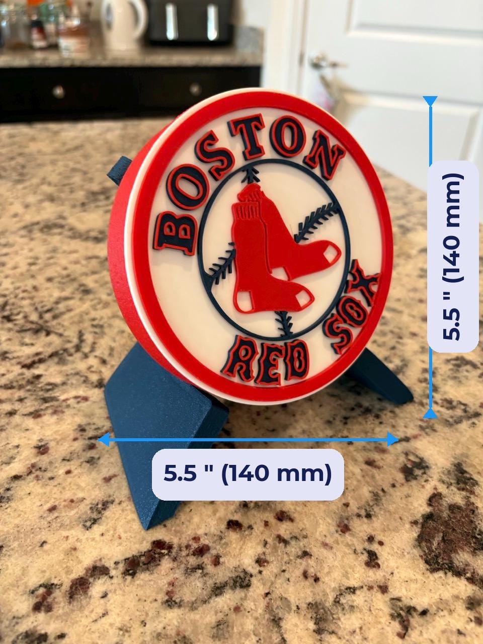 Red Sox 3D Printed Storage 3D printed display size chart, 5.5 inch 140 mm diameter round medallion with stand