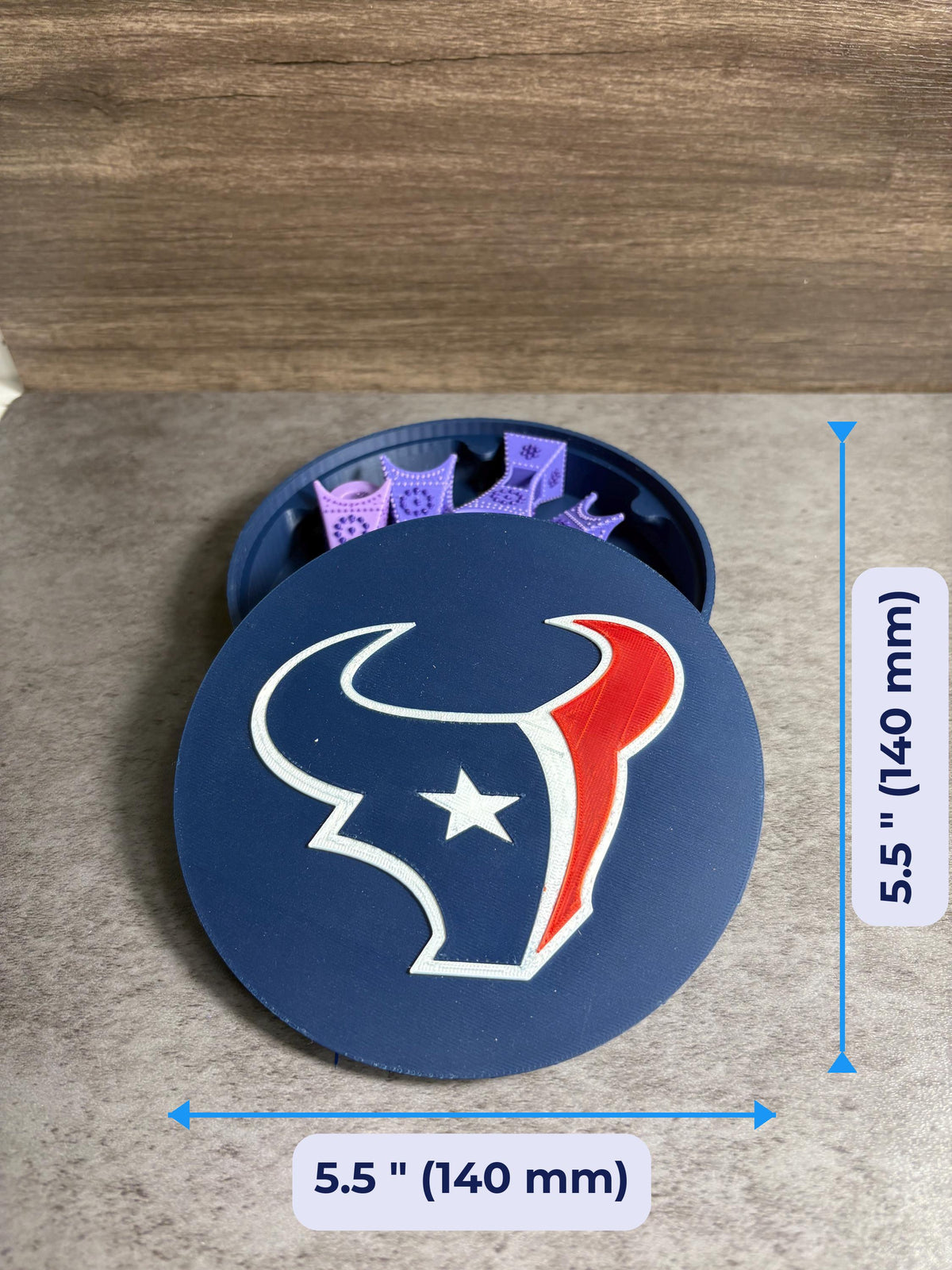 Houston Texans 3D Printed 3D printed display size chart, 5.5 inch 140 mm diameter round medallion with stand