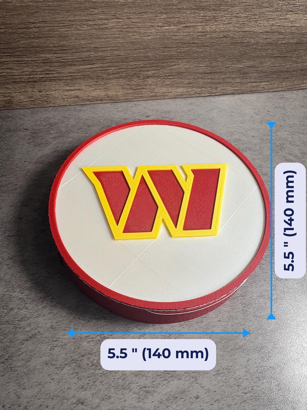 Commanders 3D Logo Box F 3D printed display size chart, 5.5 inch 140 mm diameter round medallion with stand