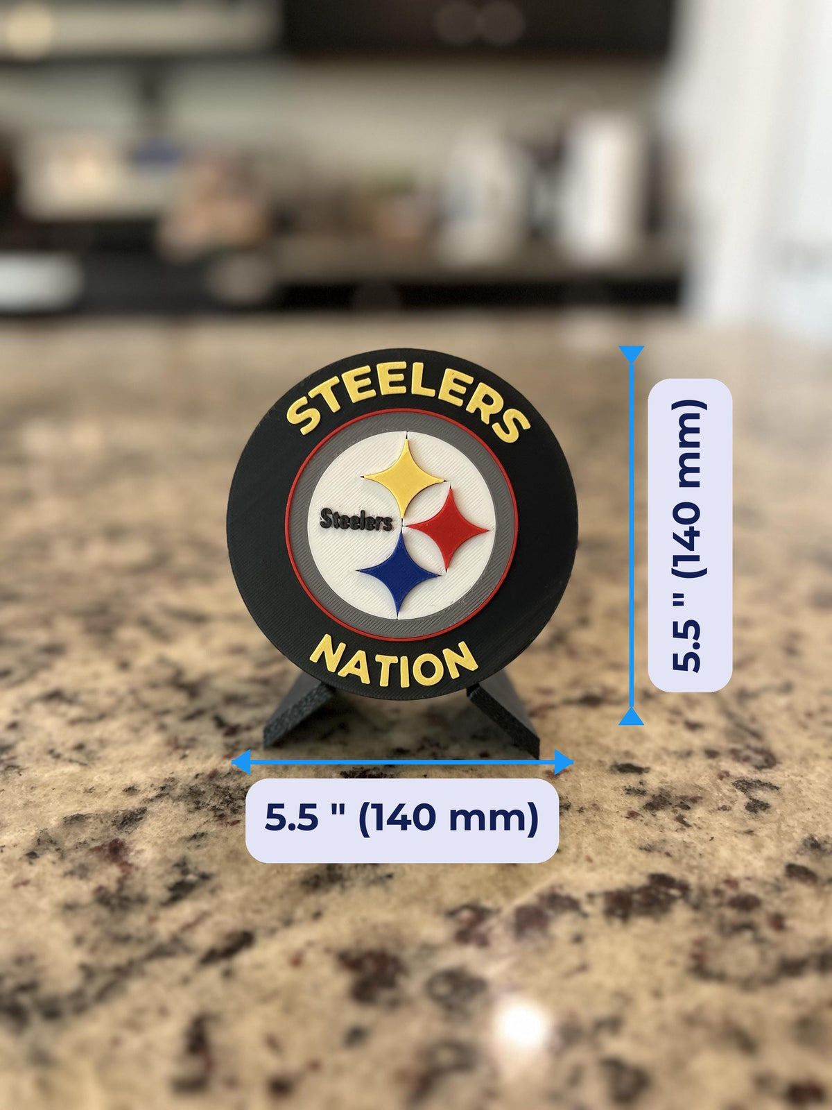 Pittsburgh Steelers 3D Pri 3D printed display size chart, 5.5 inch 140 mm diameter round medallion with stand