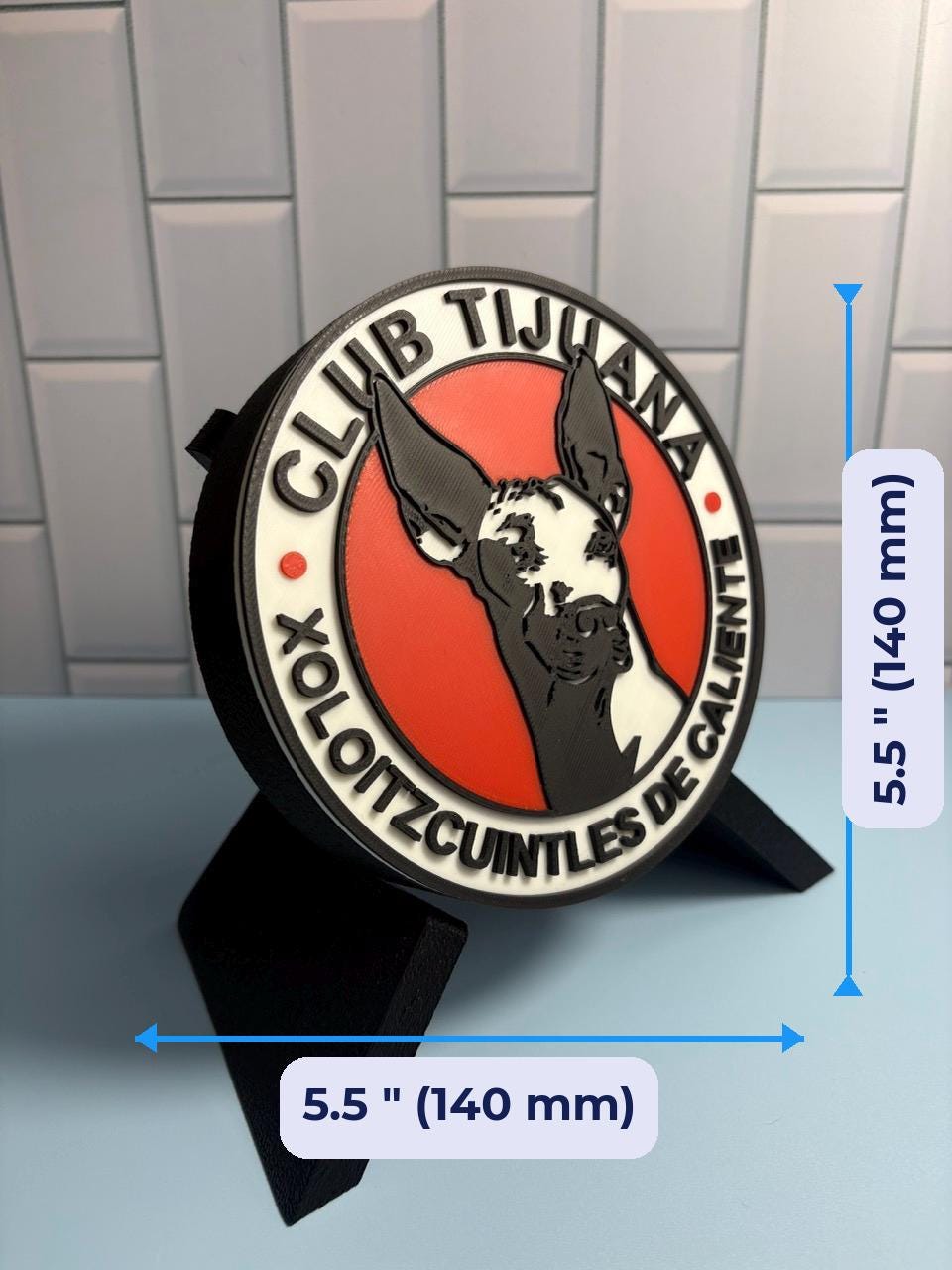 Club Tijuana Xolos 3D Prin 3D printed display size chart, 5.5 inch 140 mm diameter round medallion with stand