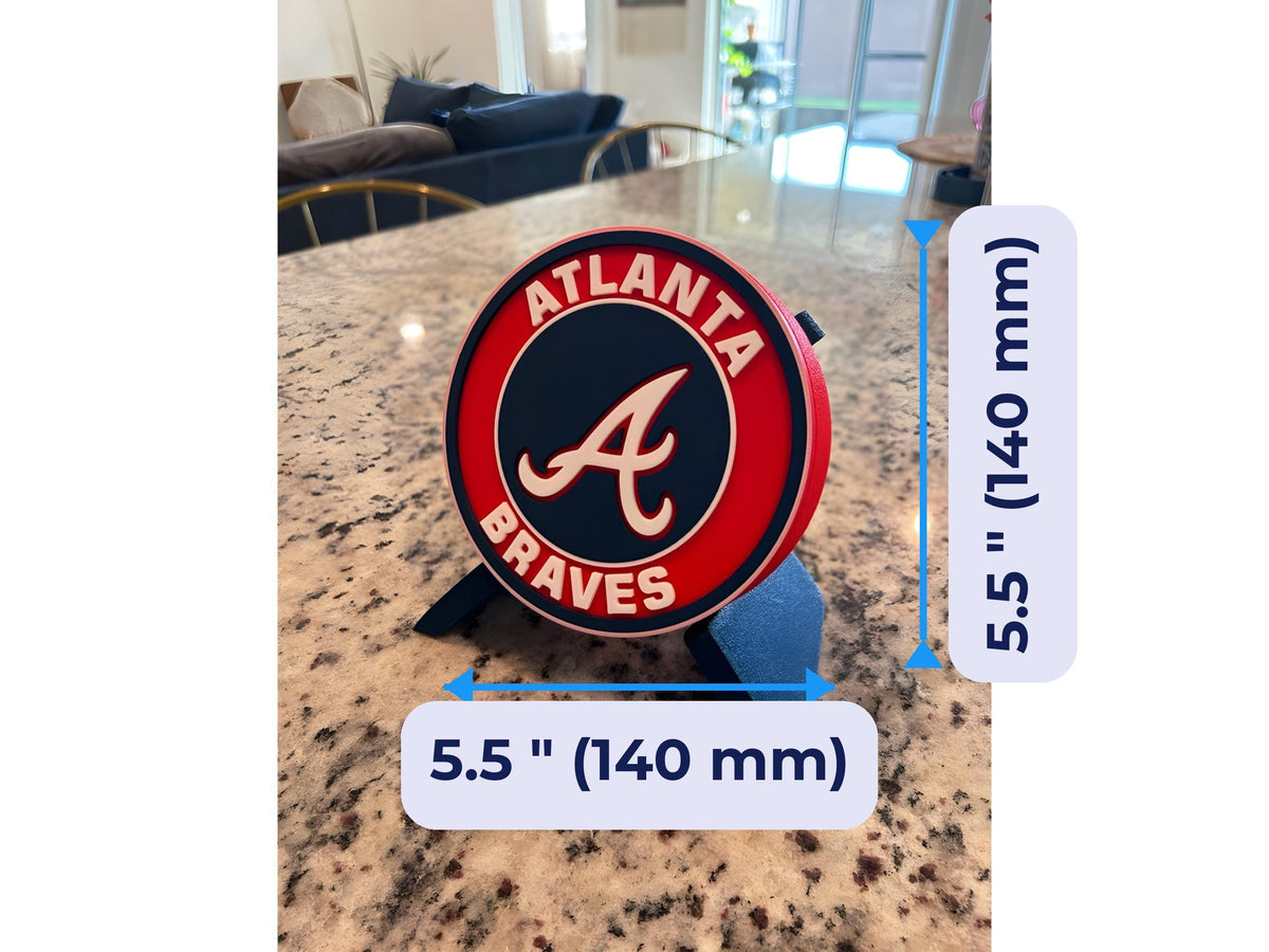 Atlanta Braves 3D printed display size chart, 5.5 inch 140 mm diameter round medallion with stand