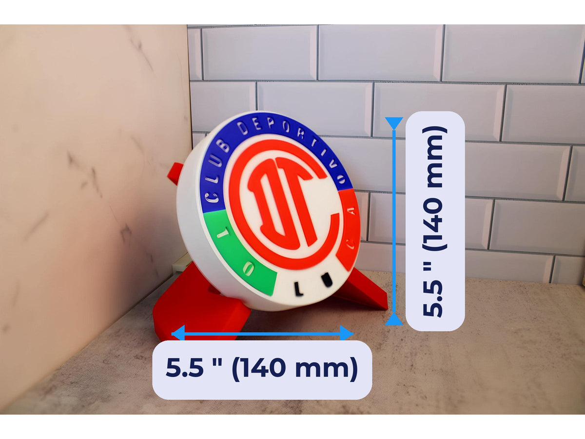 Toluca 3D printed display size chart, 5.5 inch 140 mm diameter round medallion with stand