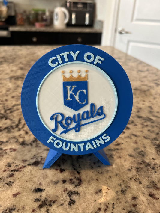 Kansas City Royals 3D printed round display medallion with stand and hidden stash boxCity of Fountains MLB baseball fan gift, made in USA