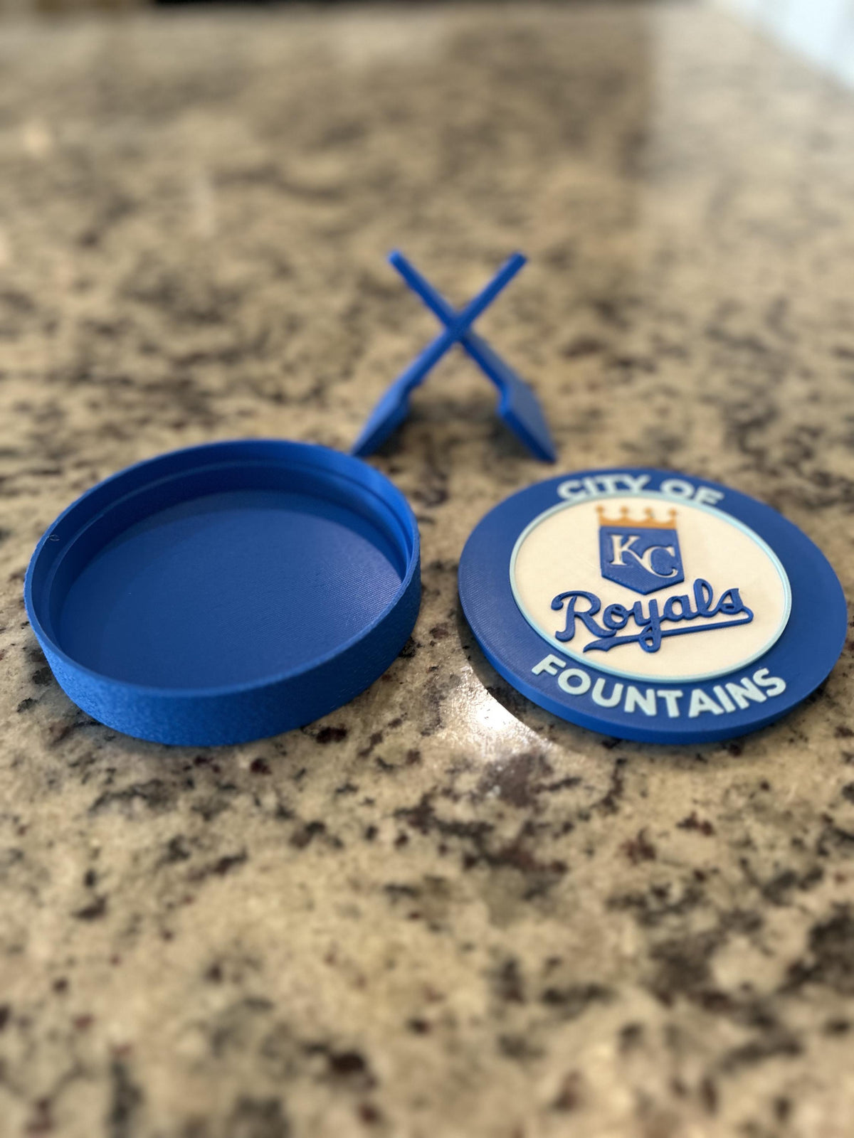 Kansas City Royals 3D printed round display medallion with stand and hidden stash boxCity of Fountains MLB baseball fan gift, made in USA
