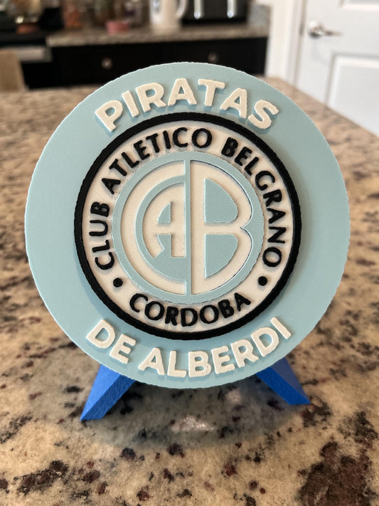 Belgrano Cordoba 3D printed round display medallion with stand and hidden stash boxEl Pirata Argentine soccer fan gift, made in USA
